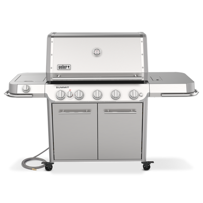 Front view of the stainless steel Weber Summit FS38 S gas grill with a closed lid, built-in thermometer, side shelves, and double-door storage cabinet.
