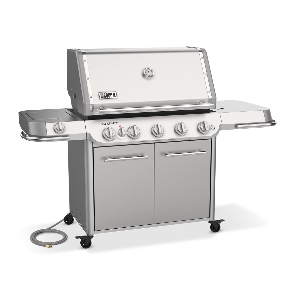 Angled view of the stainless steel Weber Summit FS38 S gas grill with a closed lid, covered side burner, double-door storage cabinet, and natural gas hose.
