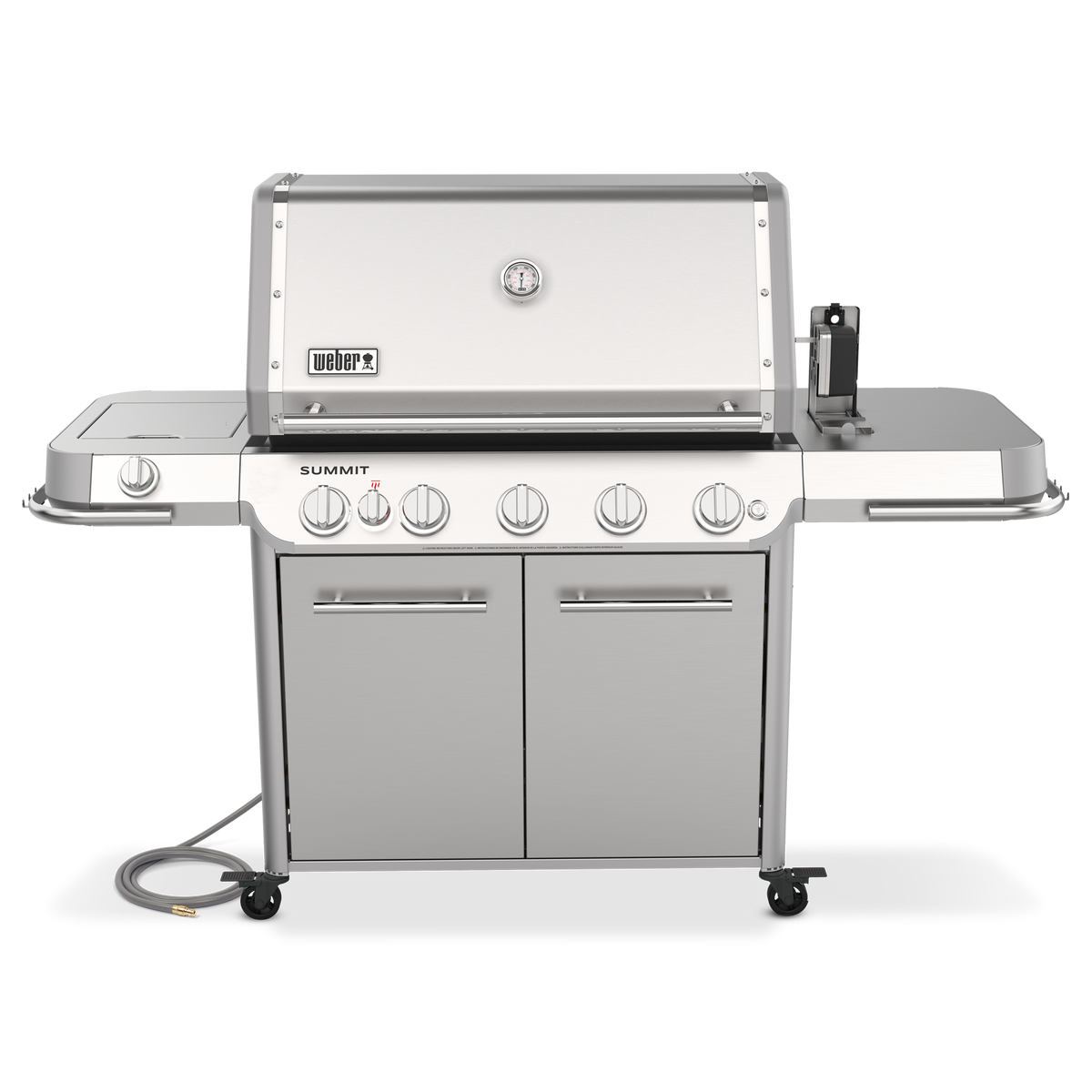 Front view of the stainless steel Weber Summit FS38 S gas grill with a closed lid, rotisserie motor raised on the right side shelf, and double-door storage cabinet.