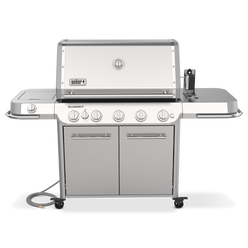 Front view of the stainless steel Weber Summit FS38 S gas grill with a closed lid, rotisserie motor raised on the right side shelf, and double-door storage cabinet.