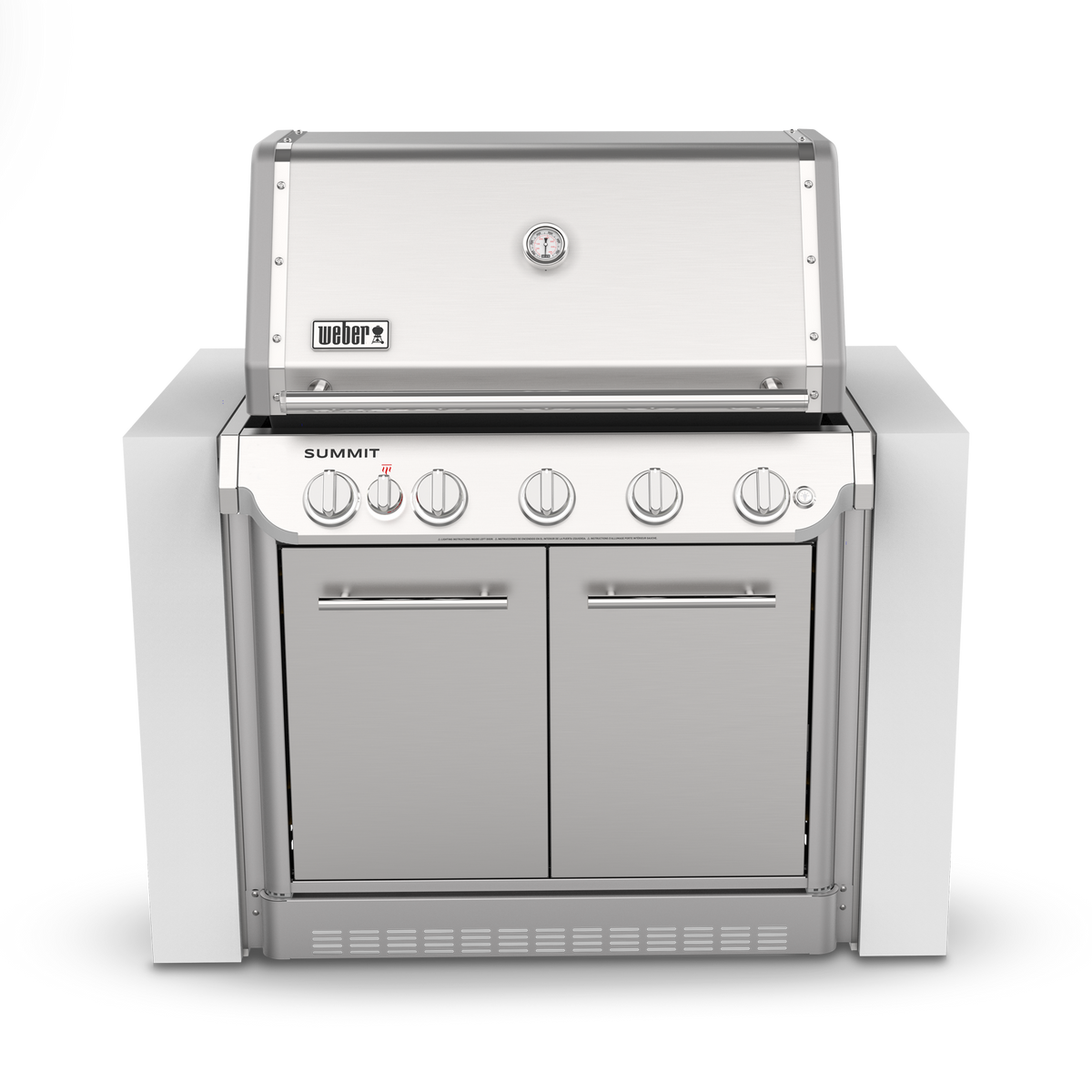 Front view of a stainless steel built-in gas grill with a closed lid, built-in thermometer, burner control knobs, double-door cabinet, and side trim panels.
