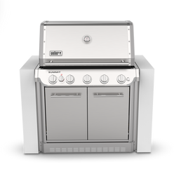 Front view of a stainless steel built-in gas grill with a closed lid, built-in thermometer, burner control knobs, double-door cabinet, and side trim panels.