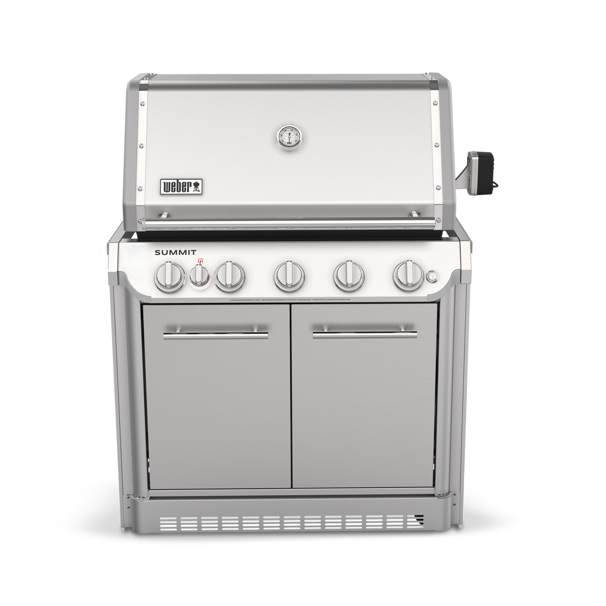 Front view of a stainless steel built-in gas grill with a closed lid, built-in thermometer, rotisserie motor mounted on the right, double-door cabinet, and vented base.