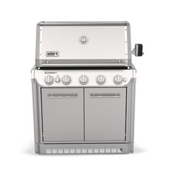 Front view of a stainless steel built-in gas grill with a closed lid, built-in thermometer, rotisserie motor mounted on the right, double-door cabinet, and vented base.