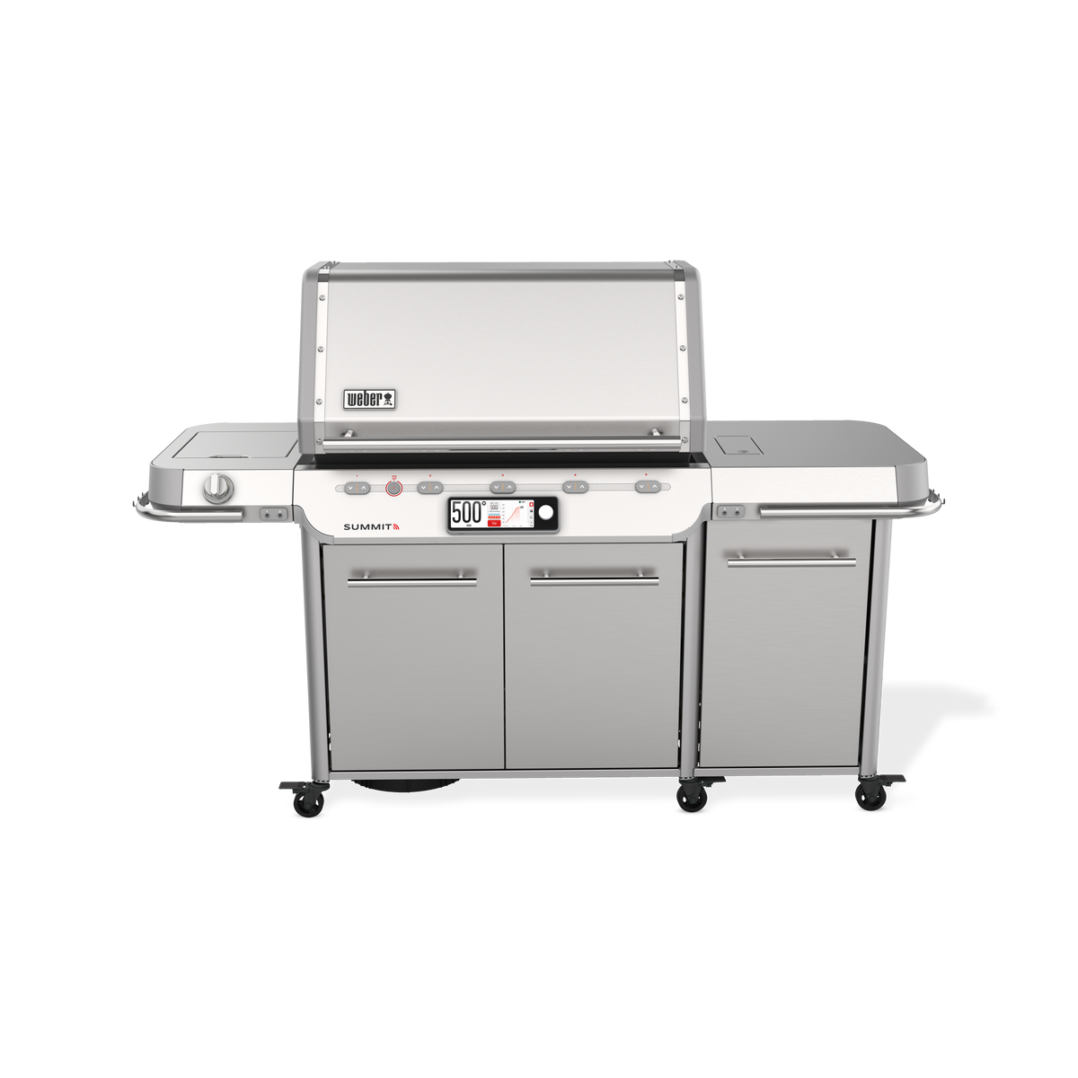 Weber Summit Smart FS38X S gas grill combines touchscreen controls, five burners, and expansive side tables for a versatile outdoor cooking setup.