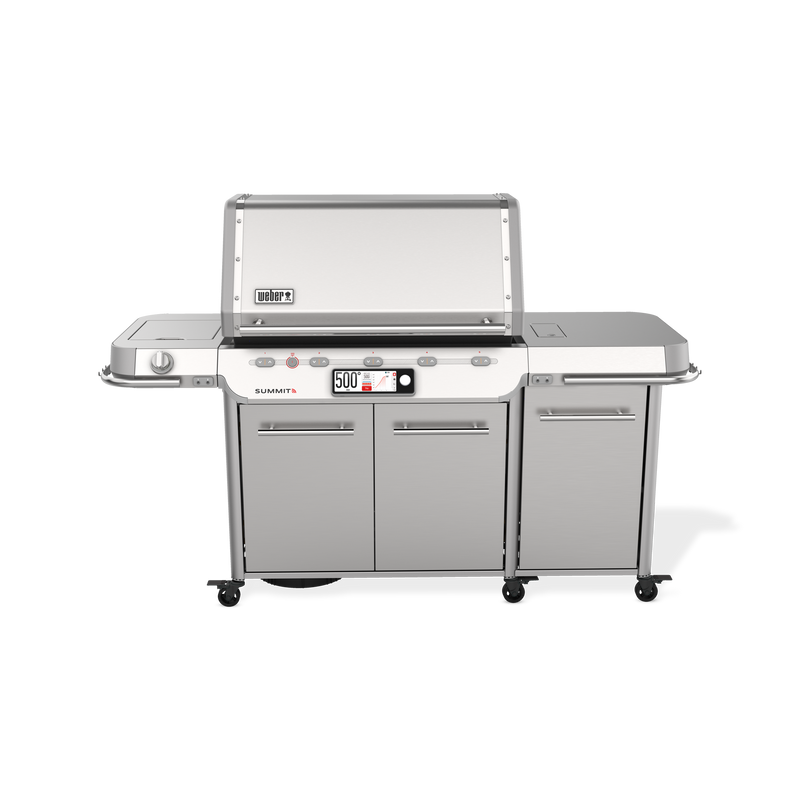 Weber Summit Smart FS38X S gas grill combines touchscreen controls, five burners, and expansive side tables for a versatile outdoor cooking setup.