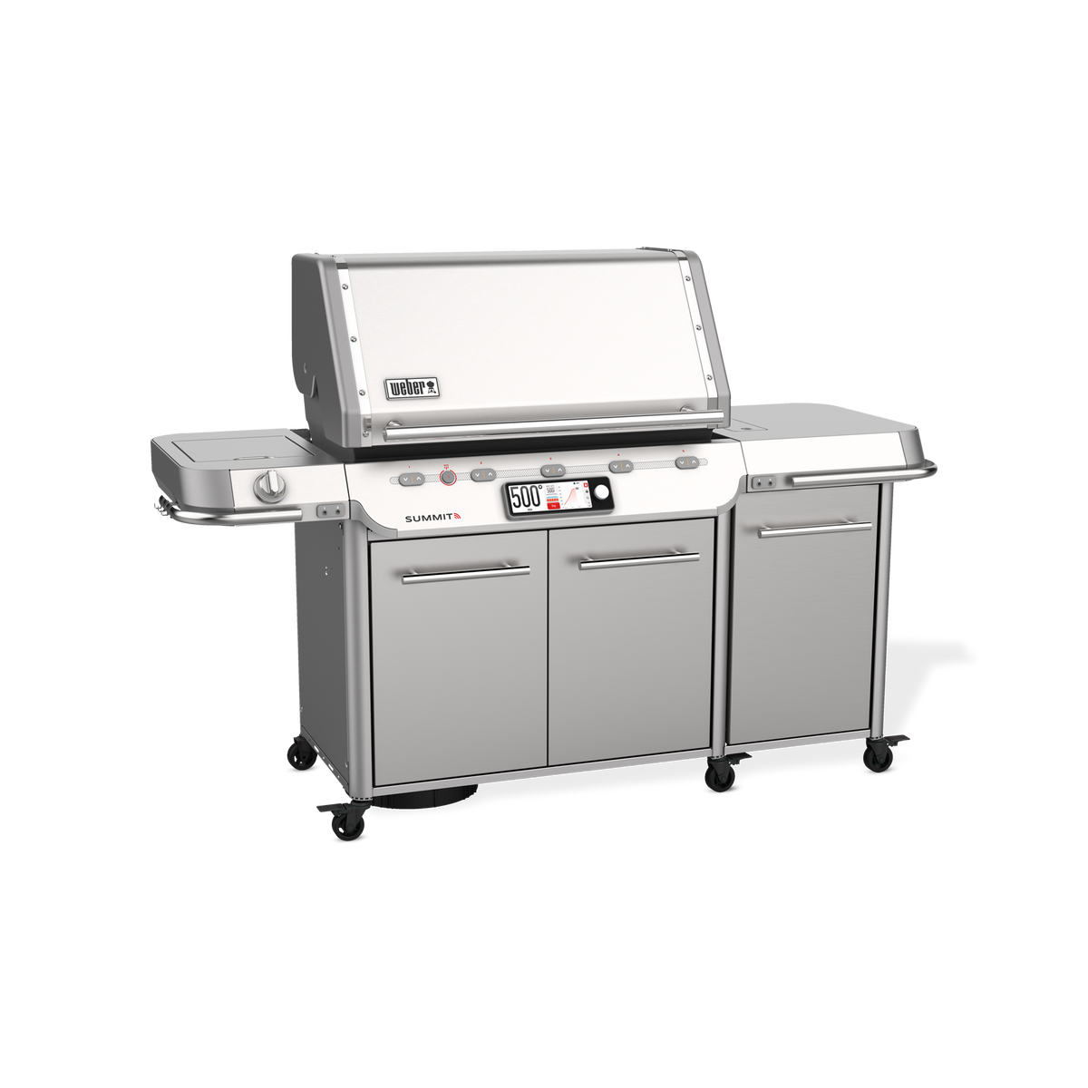 The gas grill pairs smart grilling technology with expansive prep space and enclosed storage for outdoor cooking.