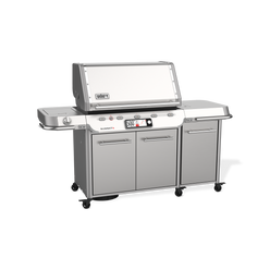 The gas grill pairs smart grilling technology with expansive prep space and enclosed storage for outdoor cooking.