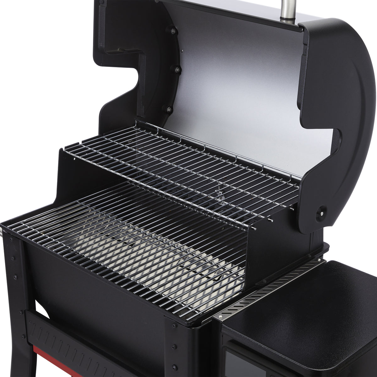 Two-level cooking grates on the Weber Searwood 600 wood pellet grill provide extra space for cooking multiple foods at once.