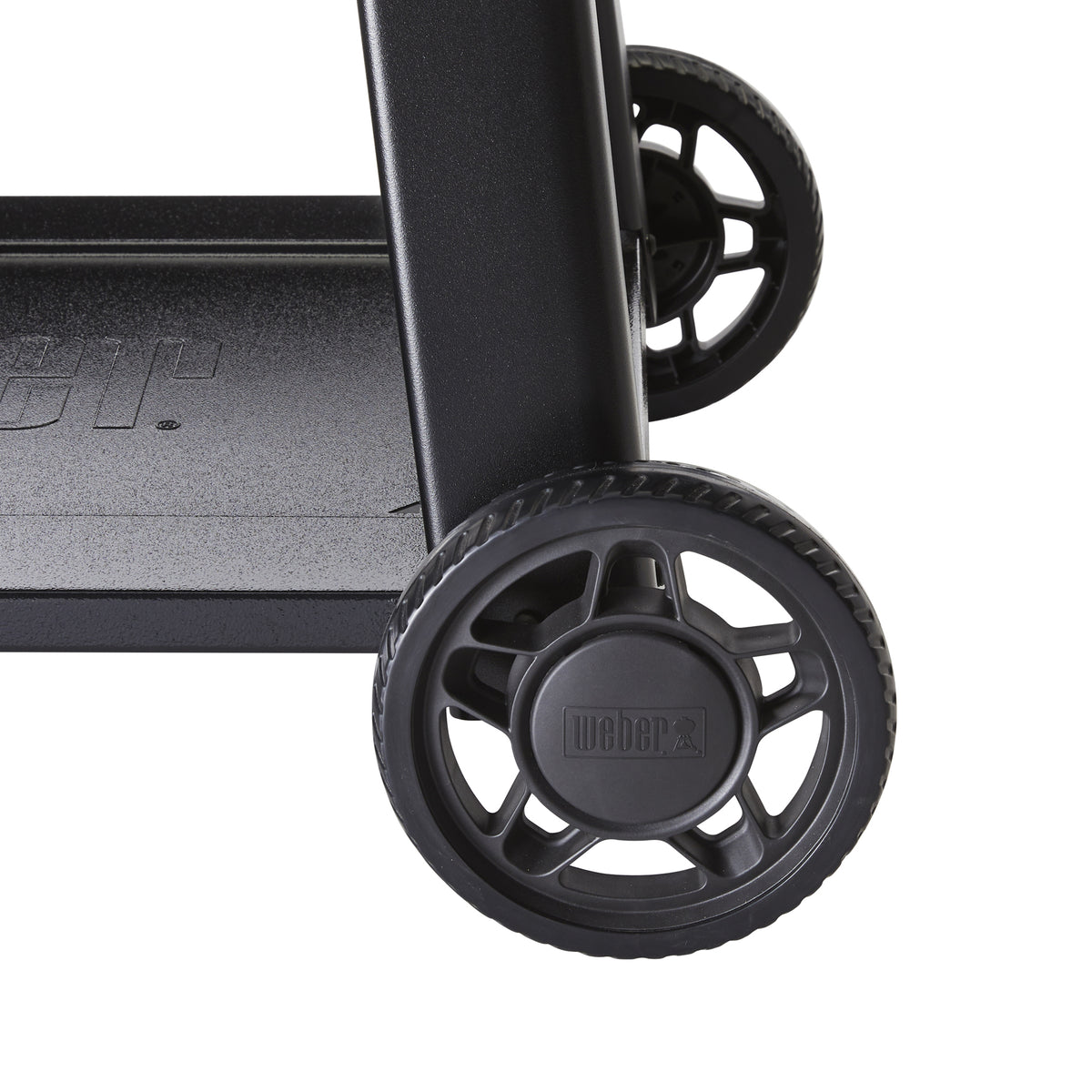 Close-up of wheels on the Weber Searwood.