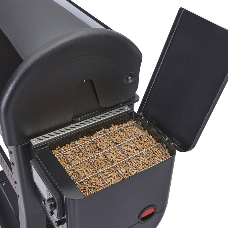 Large-capacity pellet hopper holds more fuel for longer cooks.