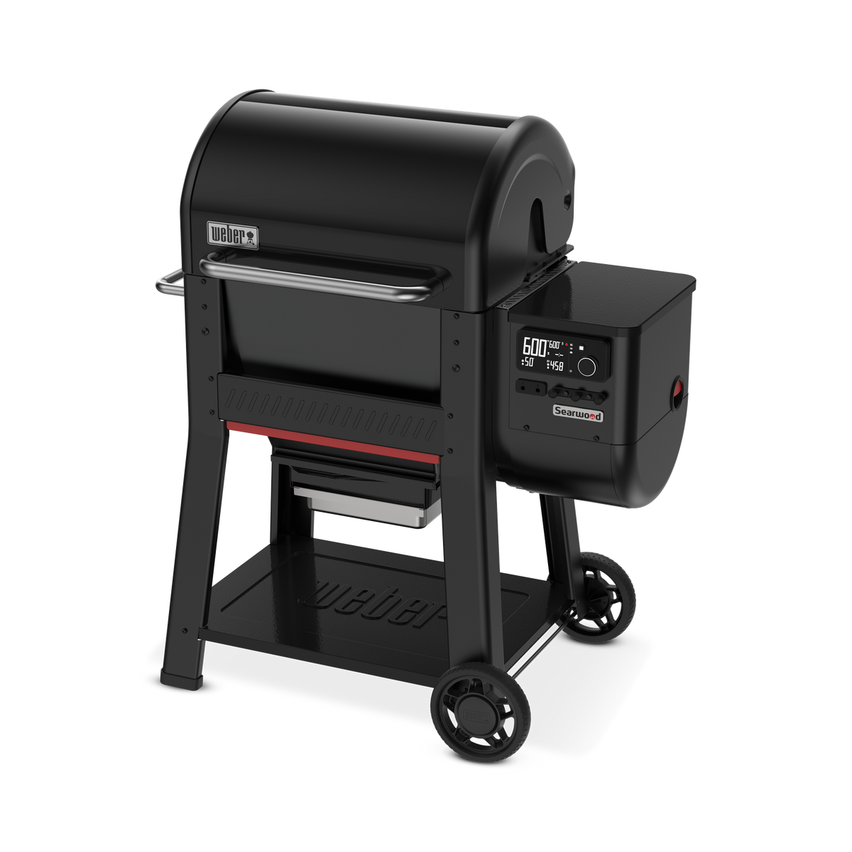 The Weber Searwood 600 pellet grill features a compact design with digital controls and wheels for easy mobility.