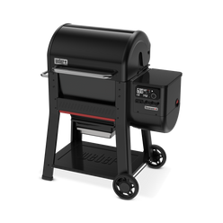 The Weber Searwood 600 pellet grill features a compact design with digital controls and wheels for easy mobility.