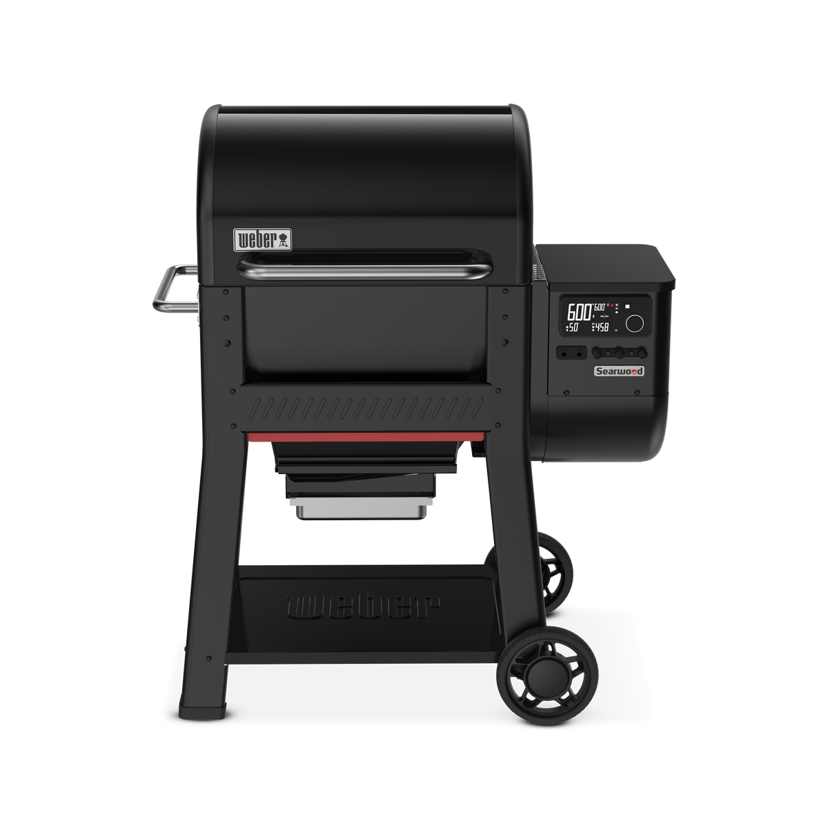 Front view of the black Weber Searwood 600 pellet grill with digital controller and side shelf.