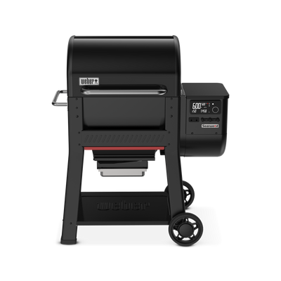 Front view of the black Weber Searwood 600 pellet grill with digital controller and side shelf.