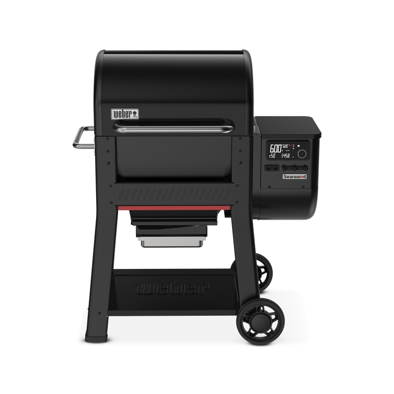 Front view of the black Weber Searwood 600 pellet grill with digital controller and side shelf.