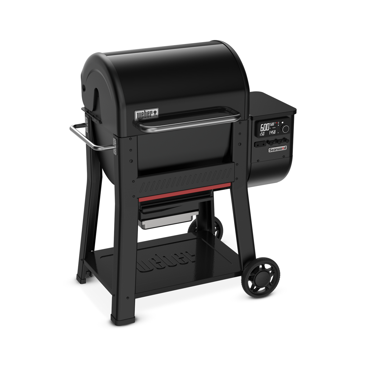 The Weber Searwood 600 pellet grill features digital controls, a side handle, shelf, and wheels for easy mobility.