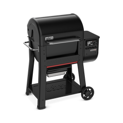 The Weber Searwood 600 pellet grill features digital controls, a side handle, shelf, and wheels for easy mobility.