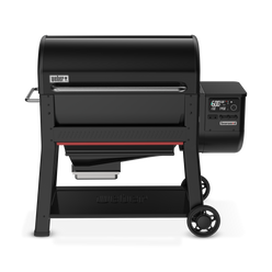 Weber Searwood pellet grill in black with digital temperature controls, enclosed lid, side shelf, and wheeled cart. 