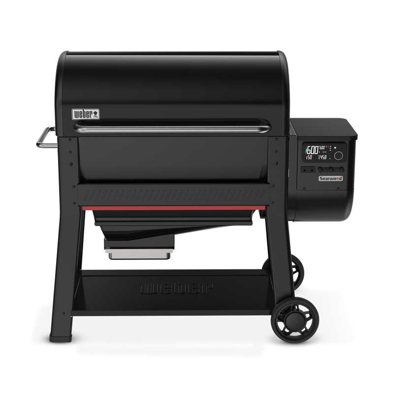Weber Searwood pellet grill in black with digital temperature controls, enclosed lid, side shelf, and wheeled cart. 