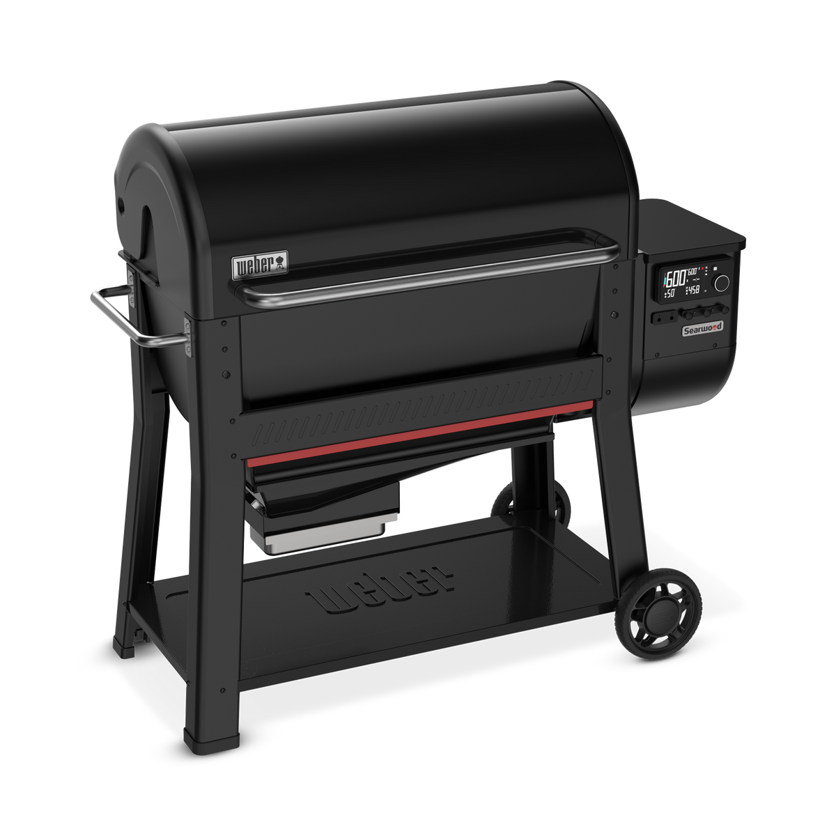 Three-quarter view of the Weber Searwood XL 600 wood pellet grill with digital controls, side handle, and wheeled cart.