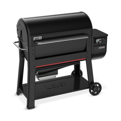 Three-quarter view of the Weber Searwood XL 600 wood pellet grill with digital controls, side handle, and wheeled cart.