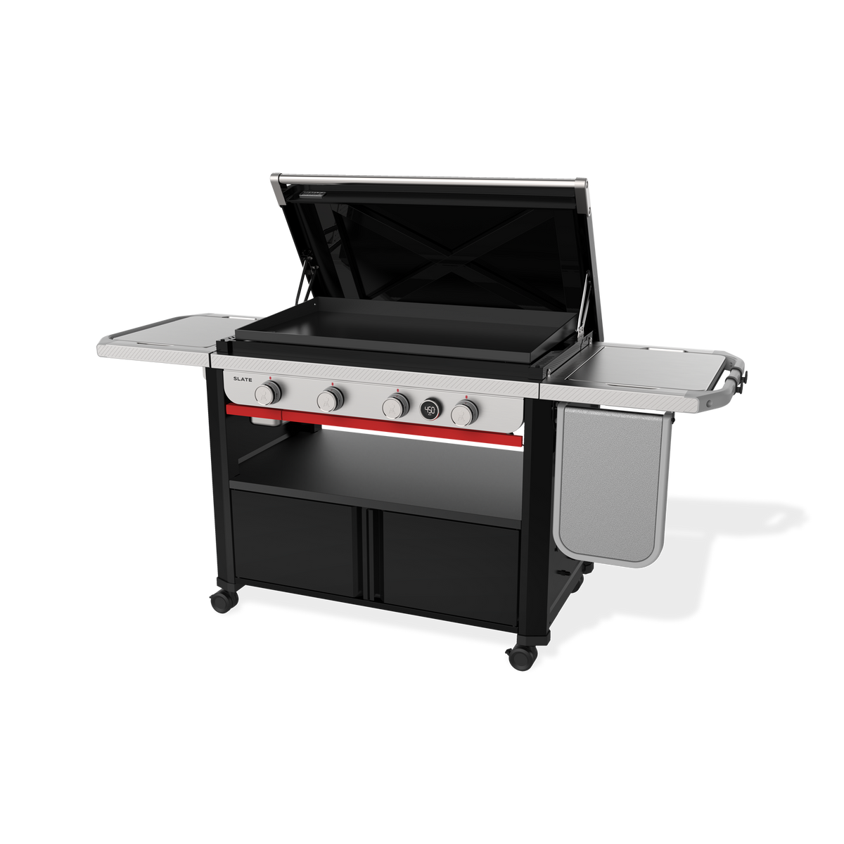 Hinged lid opens for easy access to the cooktop and protects the surface between uses.