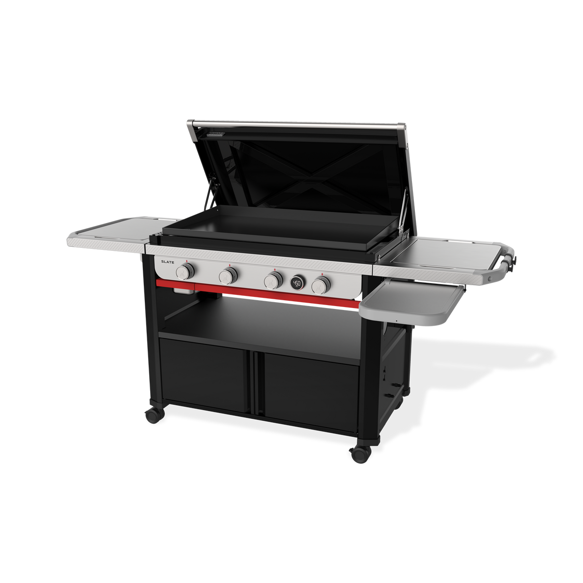 Hinged lid opens for easy access to the cooktop and protects the surface between uses.