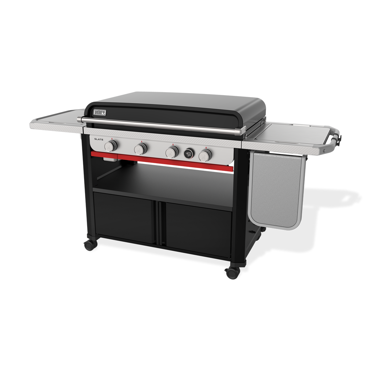 Weber Slate 36” Rust-Resistant Griddle features four burners, a digital thermometer, spacious side tables, and closed cabinet storage.