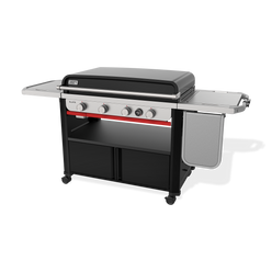 Weber Slate 36” Rust-Resistant Griddle features four burners, a digital thermometer, spacious side tables, and closed cabinet storage.