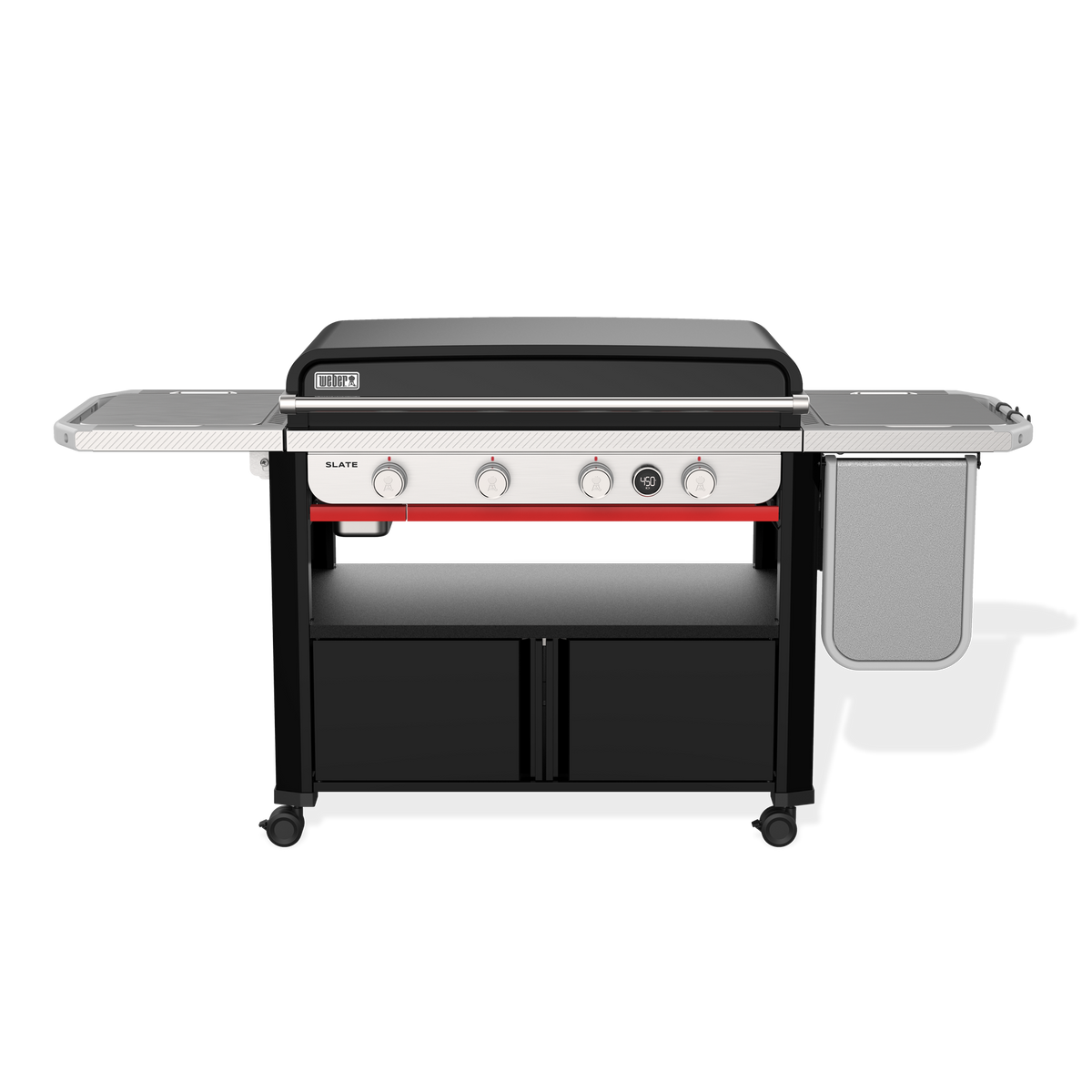 Weber Slate 36” Rust-Resistant Griddle features four burners, a digital thermometer, Weber Works side tables, and closed cabinet storage.