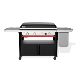 Weber Slate 36” Rust-Resistant Griddle features four burners, a digital thermometer, Weber Works side tables, and closed cabinet storage.