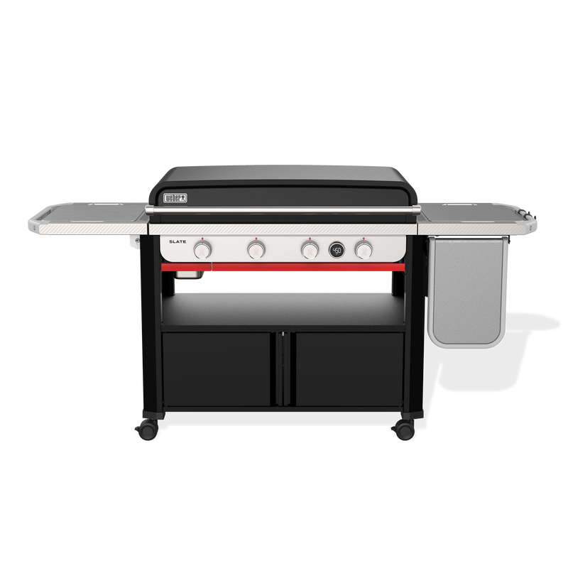 Weber Slate 36” Rust-Resistant Griddle features four burners, a digital thermometer, Weber Works side tables, and closed cabinet storage.