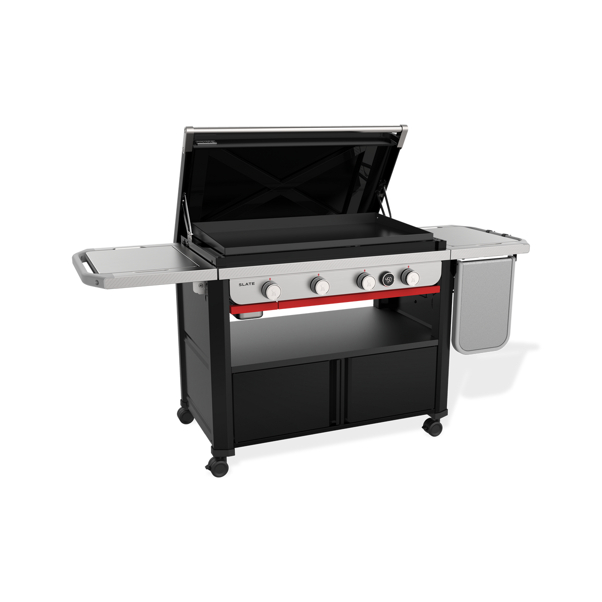 Open hinged hood provides full access to the 36” rust-resistant cooktop for easy cooking and serving.
