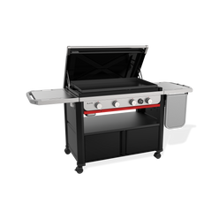 Open hinged hood provides full access to the 36” rust-resistant cooktop for easy cooking and serving.
