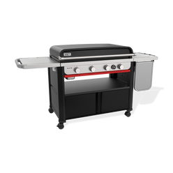 Weber Works side tables provide convenient prep space, while closed cabinet storage keeps griddle tools and accessories organized.