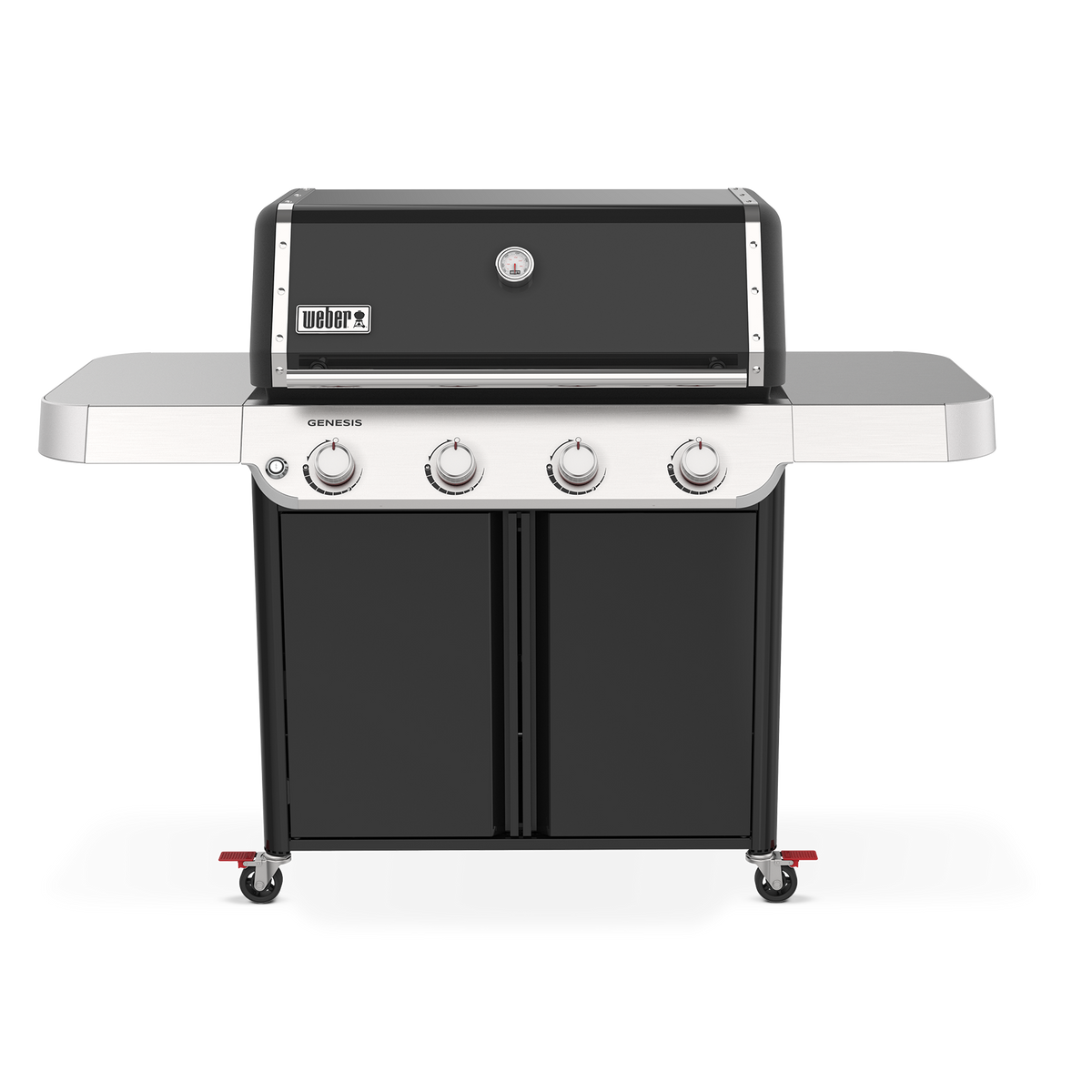 A black lid with a built-in thermometer tops the Weber Genesis E-415 Gas Grill, with four burner controls, two side tables, and a double-door storage cabinet below.
