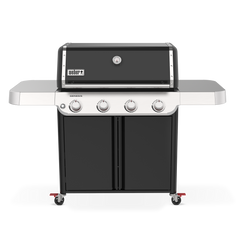 A black lid with a built-in thermometer tops the Weber Genesis E-415 Gas Grill, with four burner controls, two side tables, and a double-door storage cabinet below.