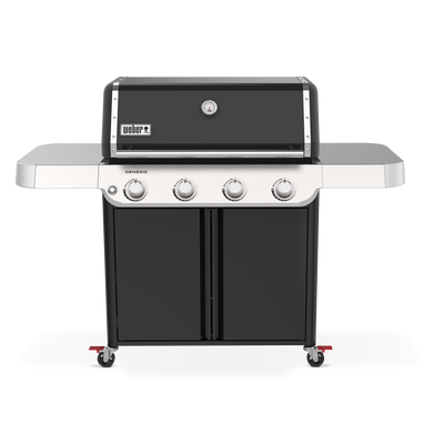 A black lid with a built-in thermometer tops the Weber Genesis E-415 Gas Grill, with four burner controls, two side tables, and a double-door storage cabinet below.