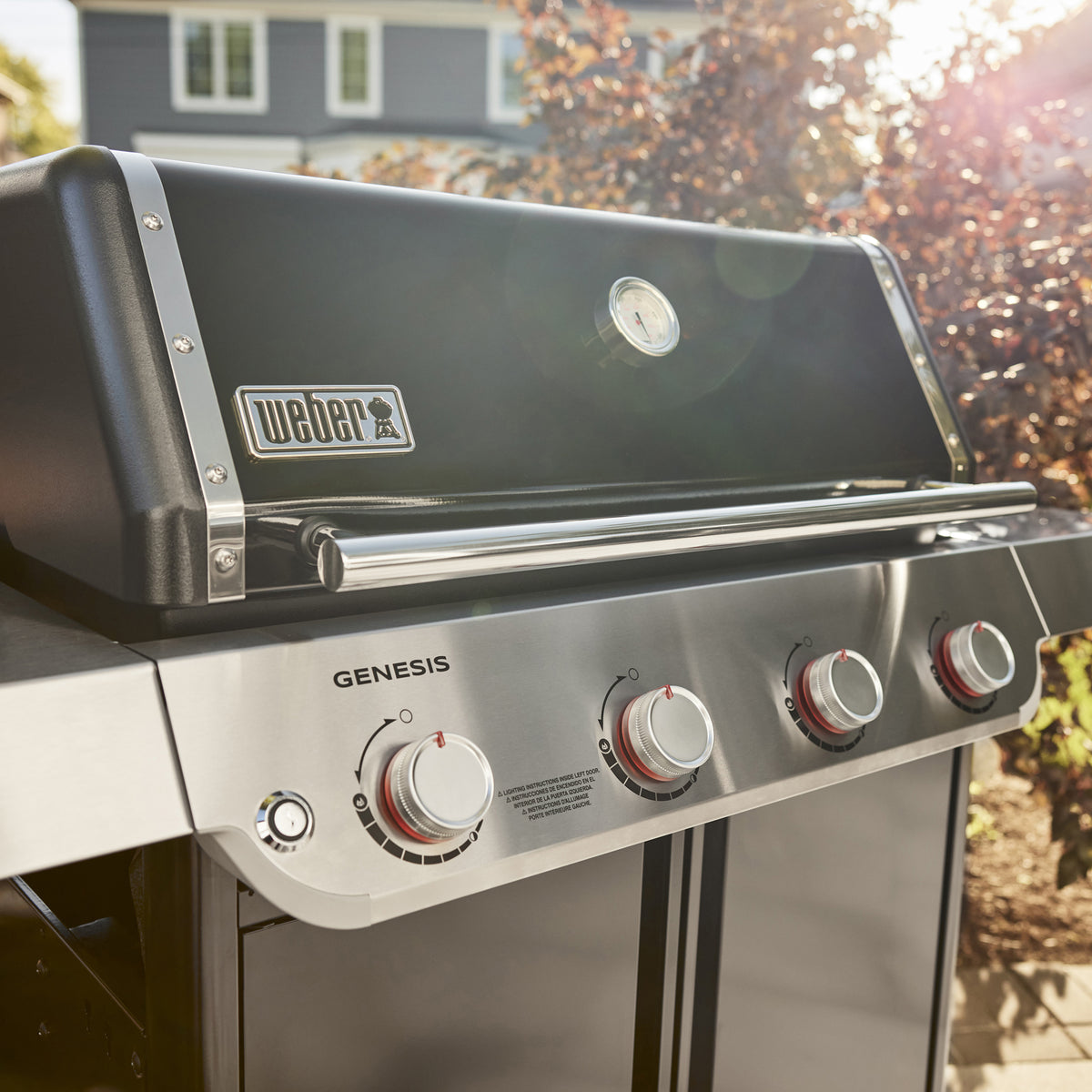 A built-in thermometer, silver lid handle, and four burner control knobs are shown on the Weber Genesis E-415 Gas Grill in a sunlit backyard.