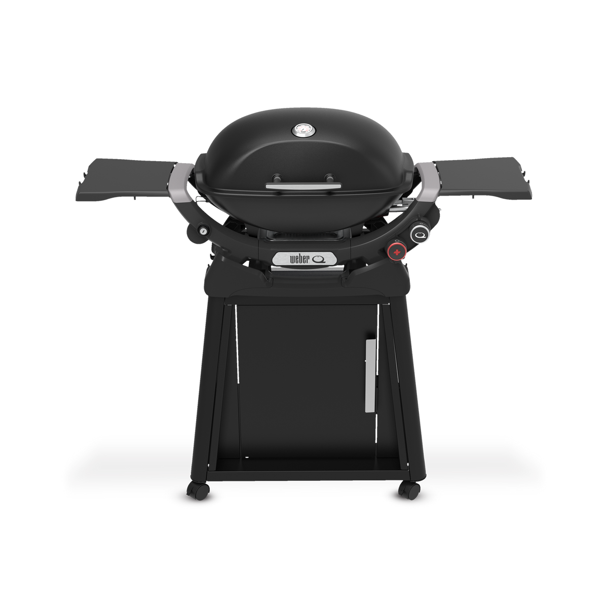 Midnight Black Gas Grill on a wheeled cart with a closed domed lid, built-in thermometer, extended side tables, two burner control knobs, and a cabinet door.