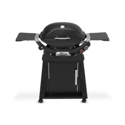Midnight Black Gas Grill on a wheeled cart with a closed domed lid, built-in thermometer, extended side tables, two burner control knobs, and a cabinet door.