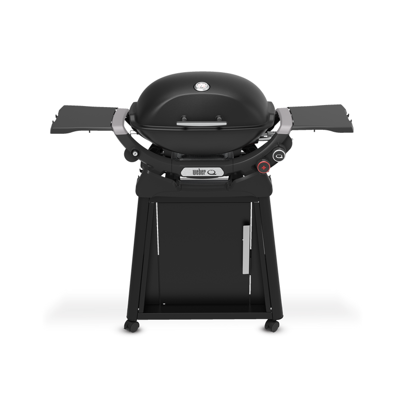 Midnight Black Gas Grill on a wheeled cart with a closed domed lid, built-in thermometer, extended side tables, two burner control knobs, and a cabinet door.
