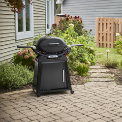 Midnight Black Gas Grill on a wheeled cabinet cart on a paved backyard patio, with a closed domed lid, built-in thermometer, and extended side tables.