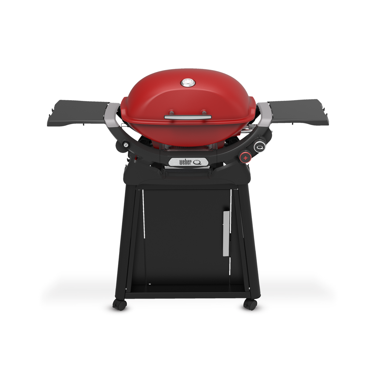 Flame Red Gas Grill on a wheeled cart with a closed domed lid, built-in thermometer, extended side tables, two burner control knobs, and a cabinet door.