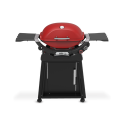 Flame Red Gas Grill on a wheeled cart with a closed domed lid, built-in thermometer, extended side tables, two burner control knobs, and a cabinet door.