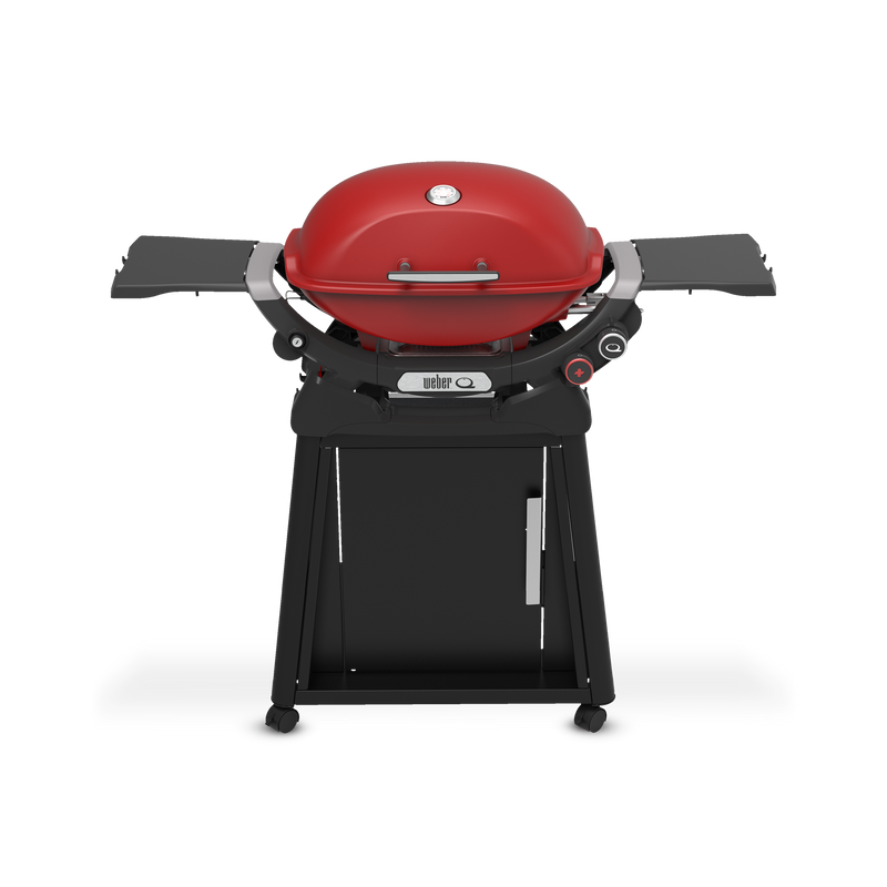 Flame Red Gas Grill on a wheeled cart with a closed domed lid, built-in thermometer, extended side tables, two burner control knobs, and a cabinet door.