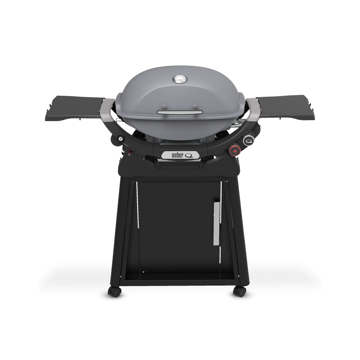 Smoke Gray Gas Grill on a wheeled cart with a closed domed lid, built-in thermometer, extended side tables, two burner control knobs, and a cabinet door.