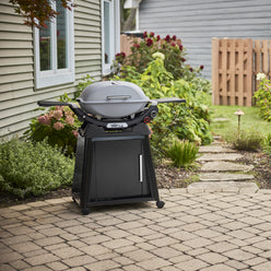 Smoke Gray Gas Grill on a wheeled cabinet cart on a paved backyard patio, with a closed domed lid, built-in thermometer, and extended side tables.