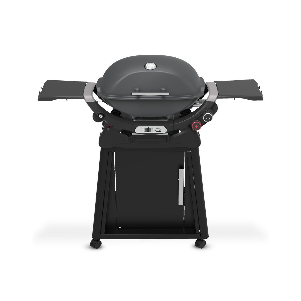 Charcoal Gray Gas Grill on a wheeled cart with a closed domed lid, built-in thermometer, extended side tables, two burner control knobs, and a cabinet door.